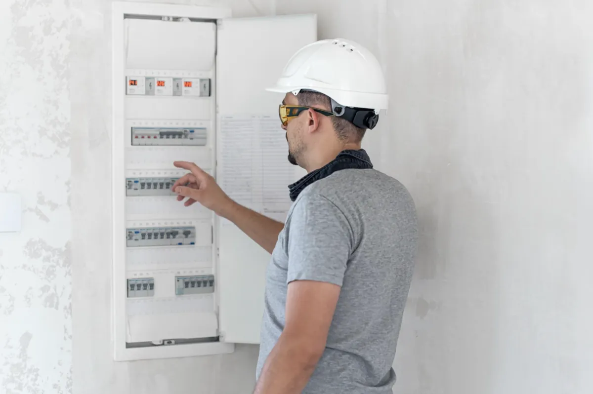 electrician in white hard hat and safety glasses working at an open breaker panel